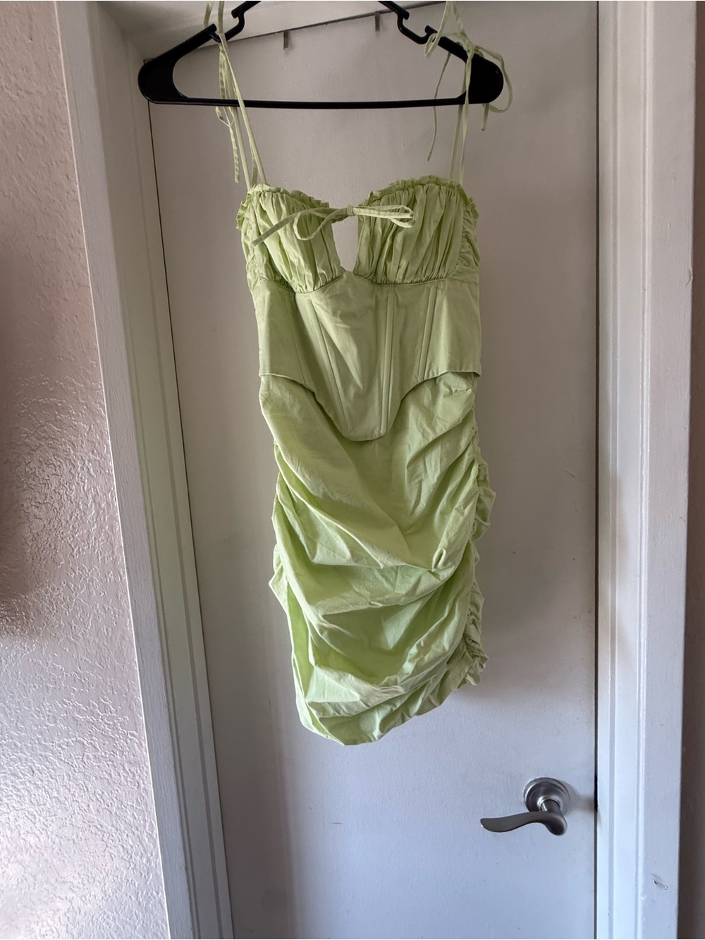 Oh Polly Light Lime Ruched Tie-Strap Mini Dress